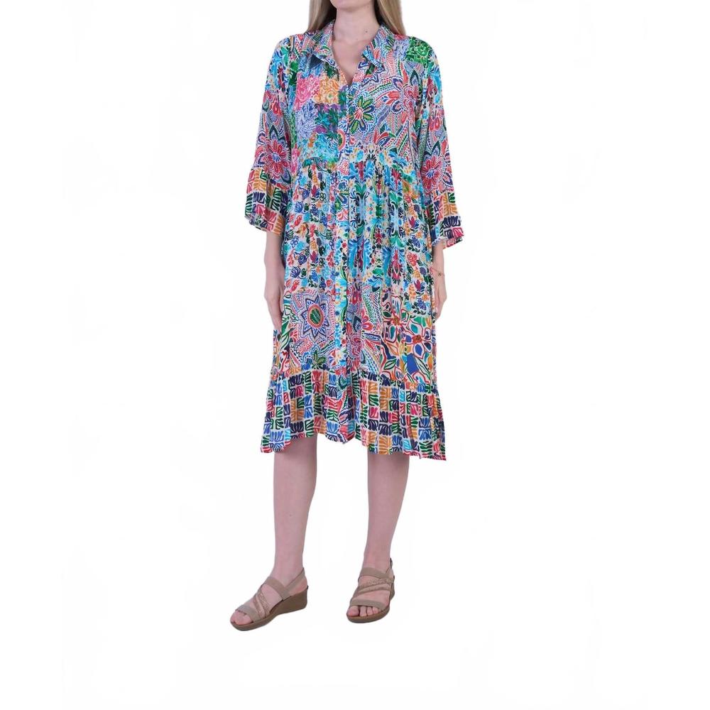 NEW SHANA APPAREL kaleidoscope print button collar dress in pink
